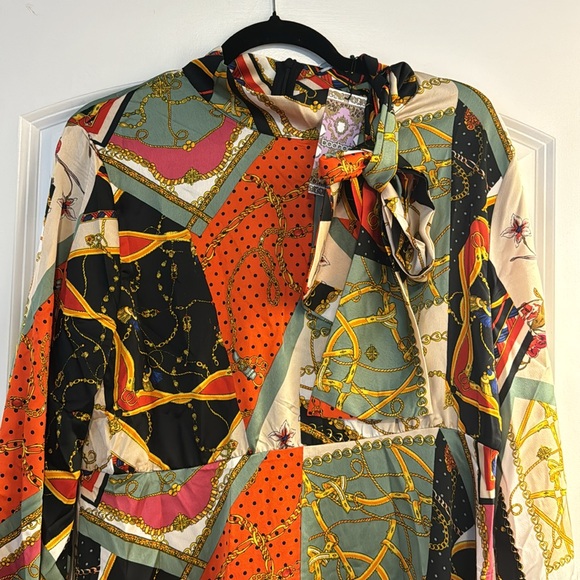 Boohoo nwt size 16 for tie neck chain print skater dress long sleeve - Picture 2 of 5